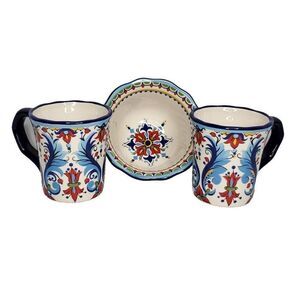 Espana San Marino Mugs Bowl Spanish Floral Fleur De Lis Motif Design Blue Red